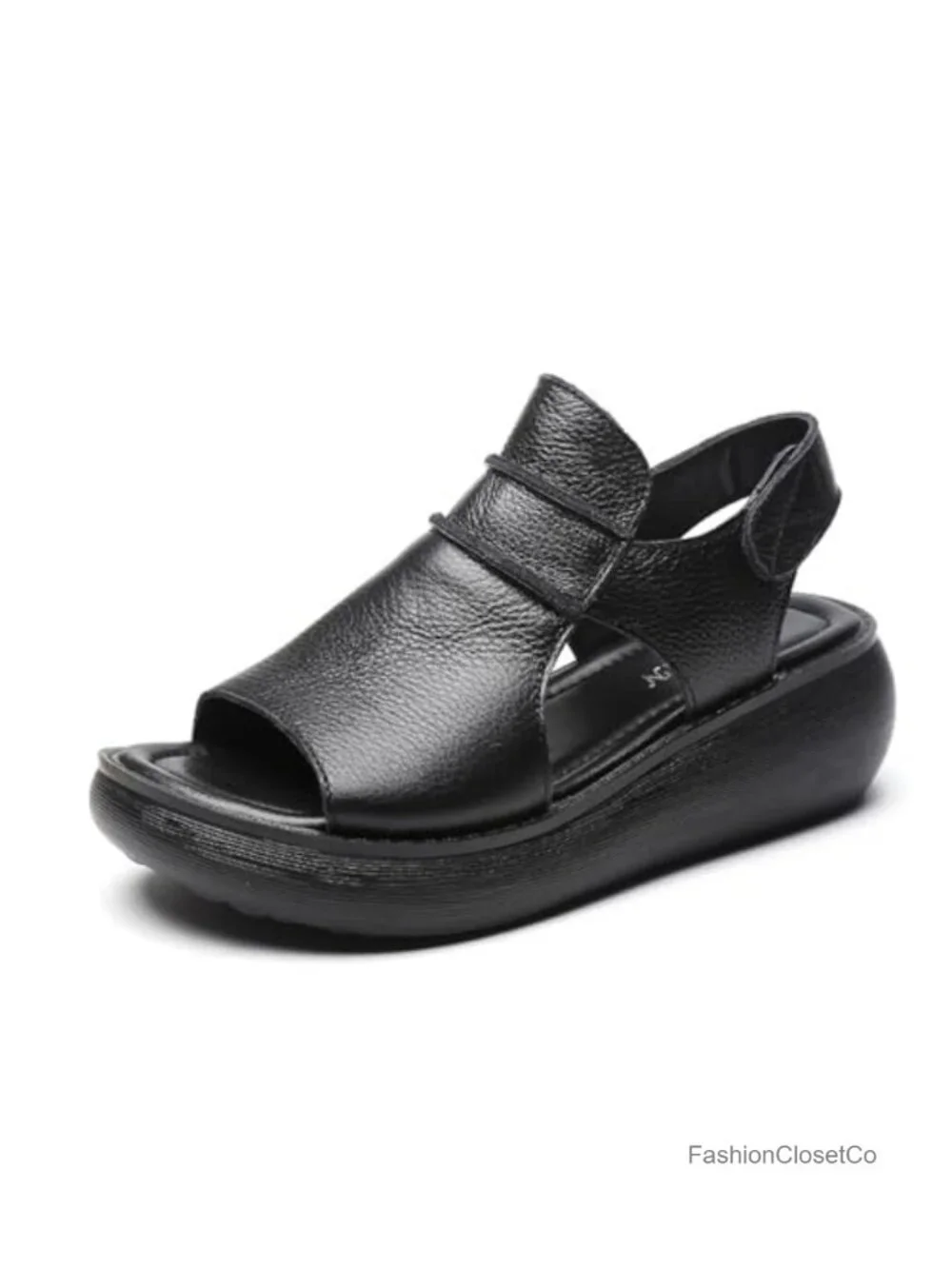 Women's Hook Loop Slingback Wedge Platform Sandals, Cowhide Leather Casual Peep